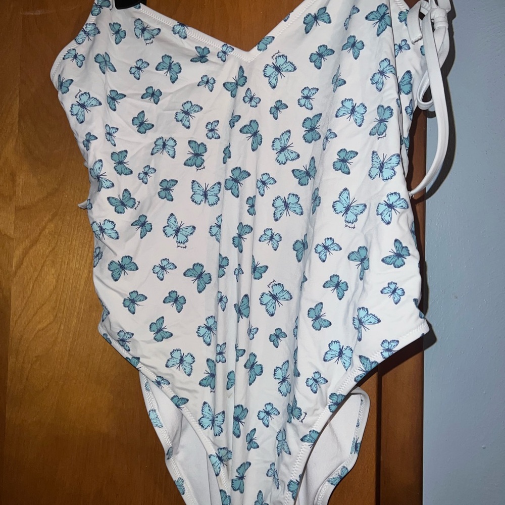 White Swimsuit with Blue Butterflies